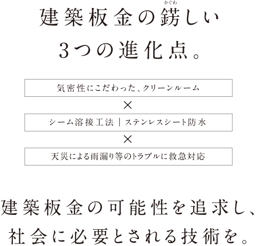 建築板金のかぐわしい3つの進化点。1.気密性にこだわった、クリーンルーム　2.シーム溶接工法絶｜ステンレスシート防水　3.天災による雨漏り等のトラブルに救急対応　建築板金の可能性を追求し、社会に必要とされる技術を。